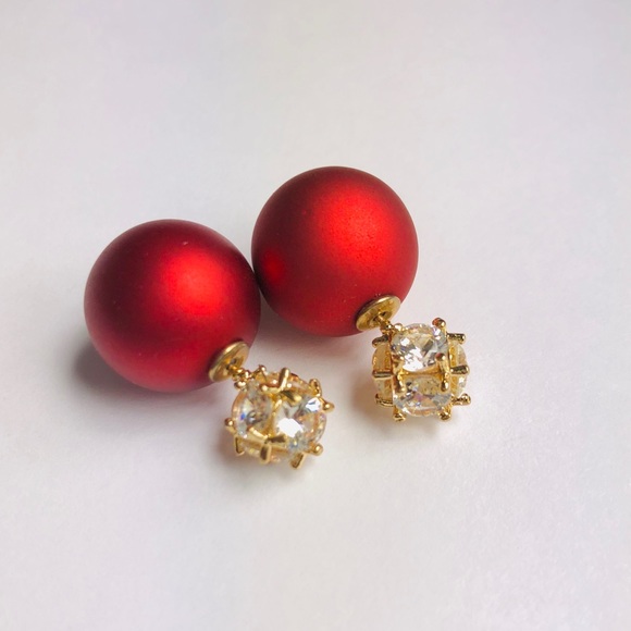New! Cubic Zirconia Double Sided Stud Earrings Red - Picture 6 of 7